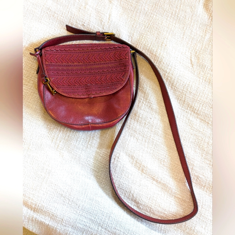 Fossil crossbody bag genuine leather burgundy
